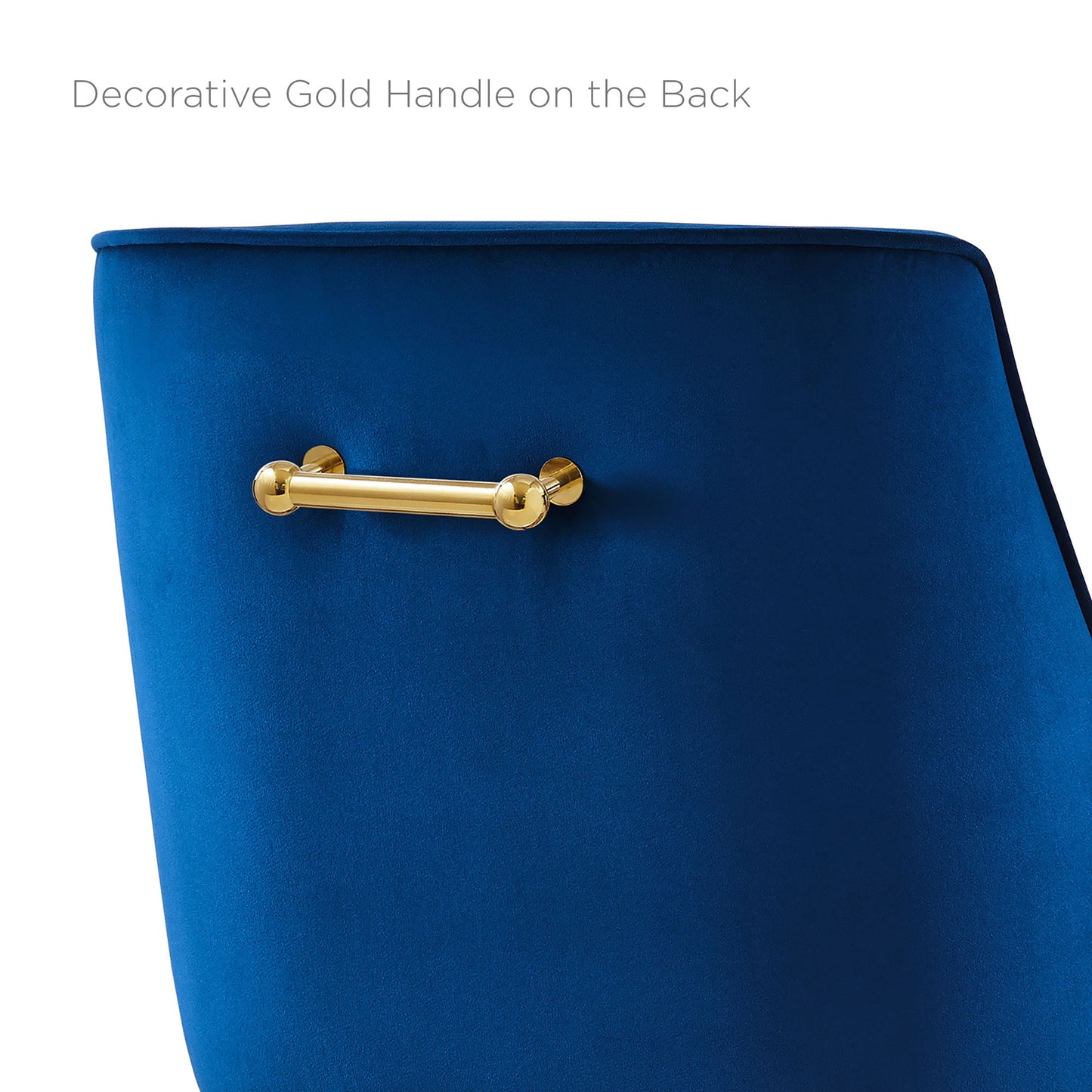 Navy blue velvet bar stool back with a decorative gold handle.