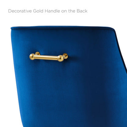 Navy blue velvet bar stool back with a decorative gold handle.