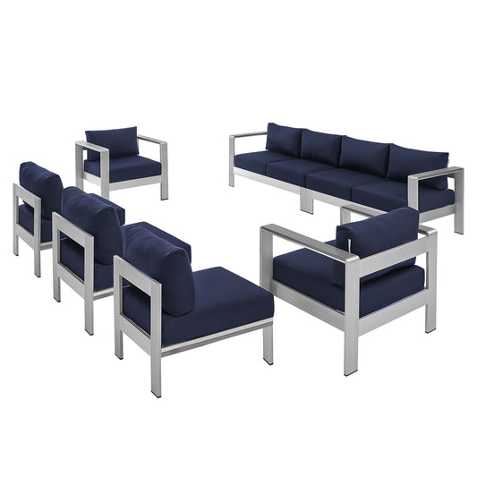 Modway Outlet Shore 7 Piece Sunbrella? Fabric Outdoor Patio Aluminum Sectional Sofa Set by Modway  Outdoor Furniture Furniture Silver Navy - EEI-5481-SLV-NAV-SET