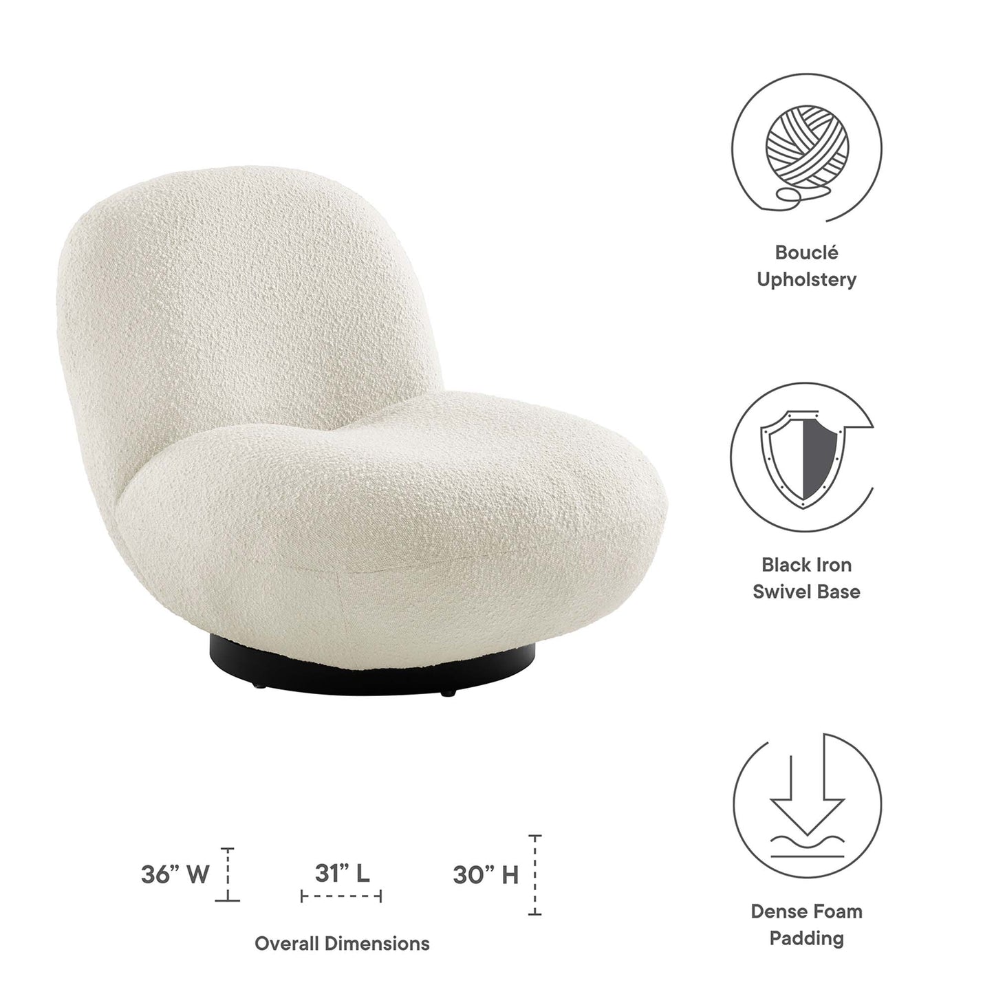Modway - Kindred Boucle Upholstered Upholstered Fabric Swivel Chair by Modway  Living Room Sofas and Armchairs White - EEI-5486-BLK-IVO