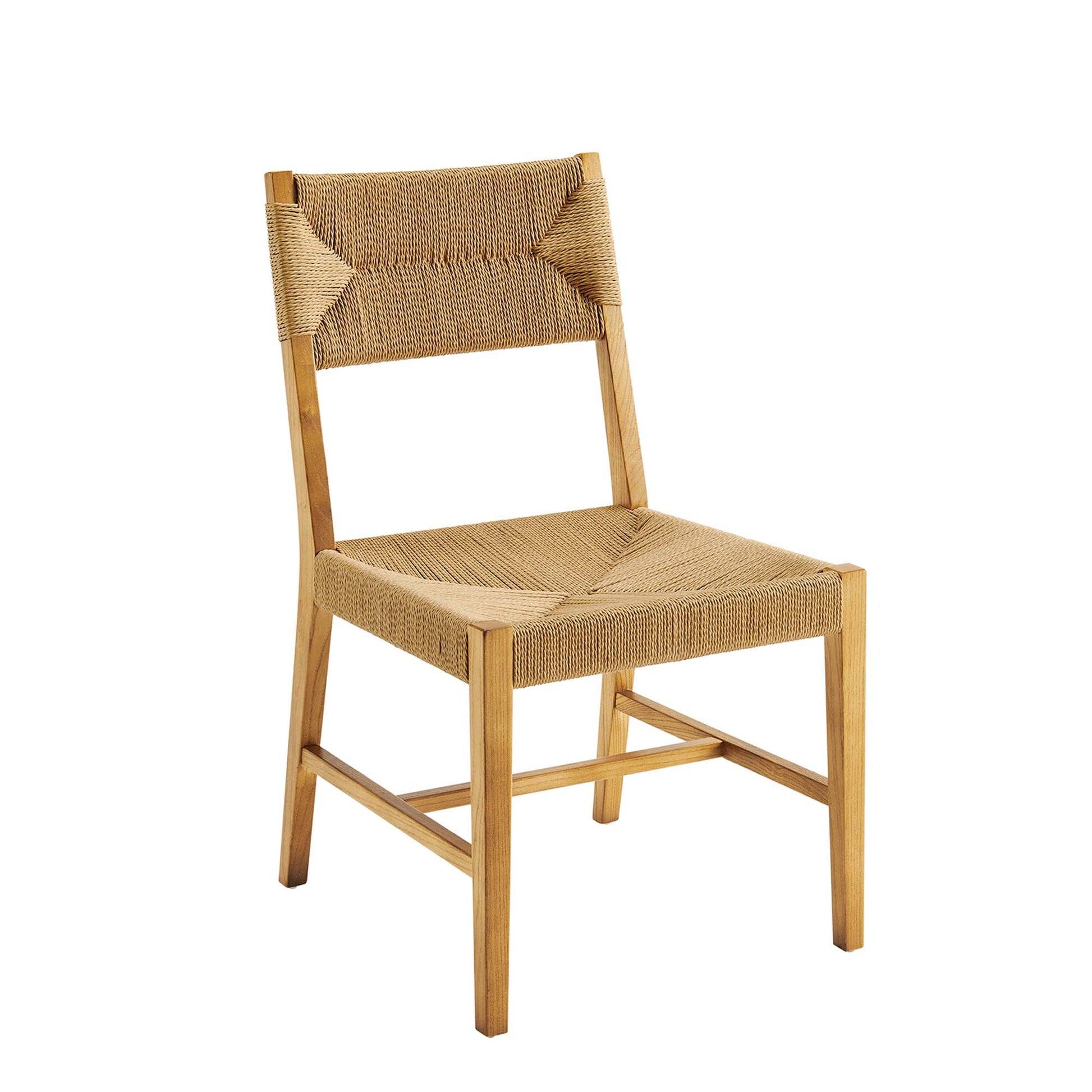 White wood dining chair with woven rattan seat and back, simple rustic frame.