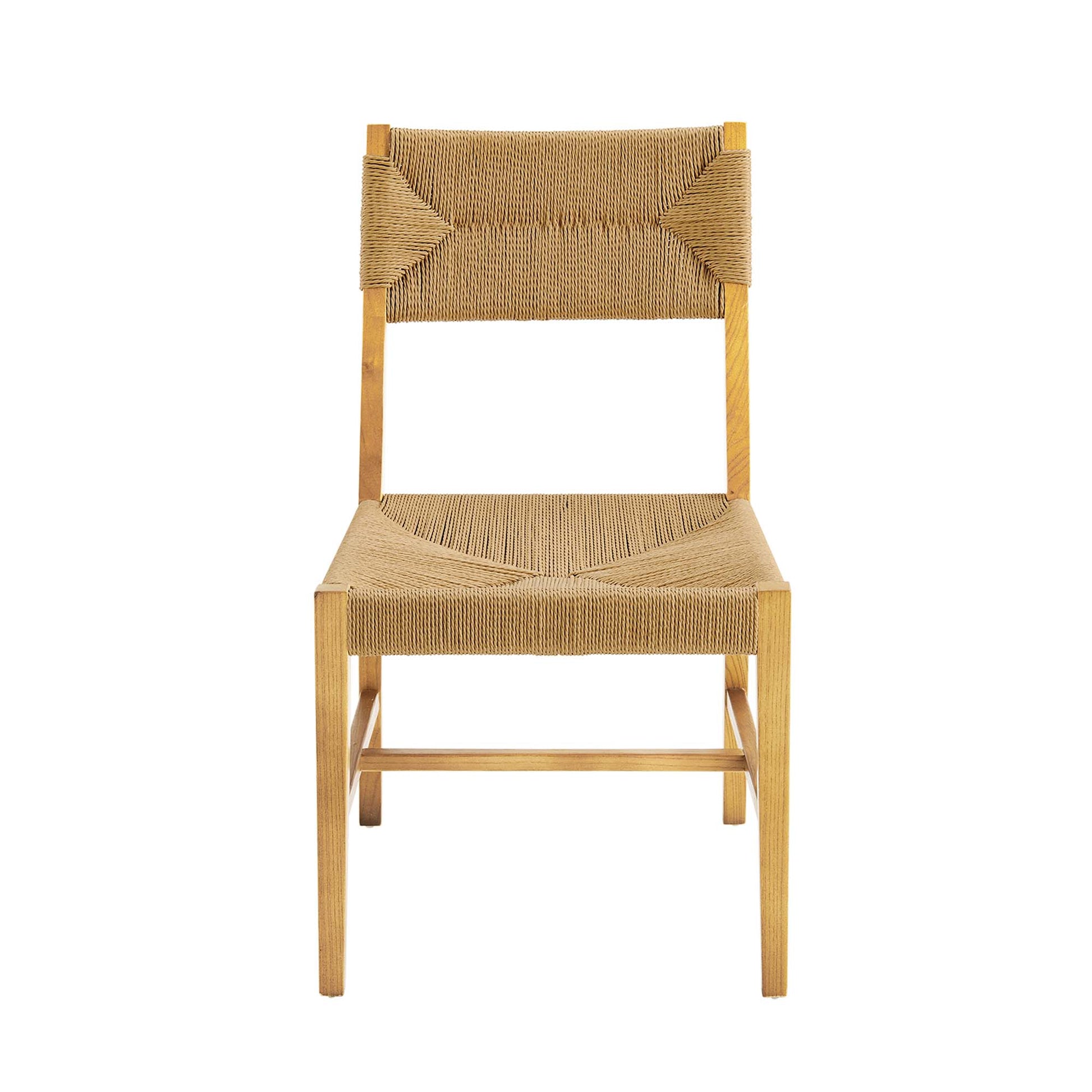 Natural wood dining chair with woven natural-fiber seat and backrest, slender legs, rustic boho style.