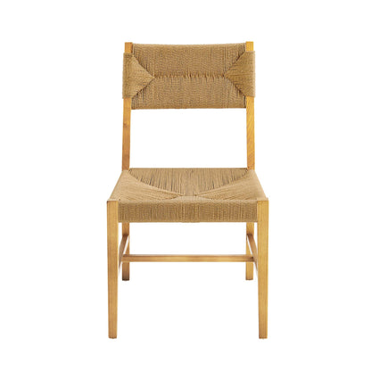 Natural wood dining chair with woven natural-fiber seat and backrest, slender legs, rustic boho style.