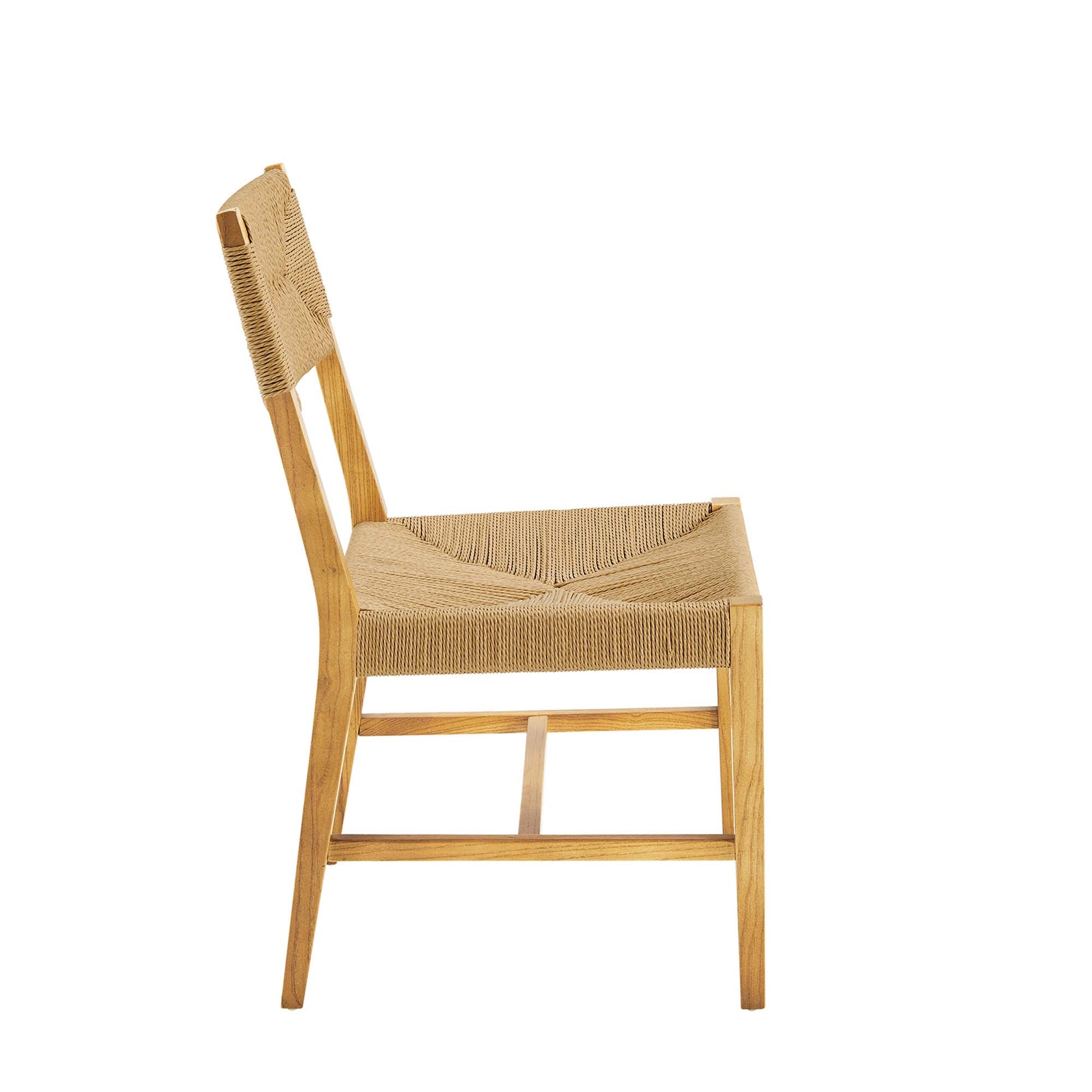 Natural wood dining chair with woven rattan seat and back, simple rustic mid-century design.