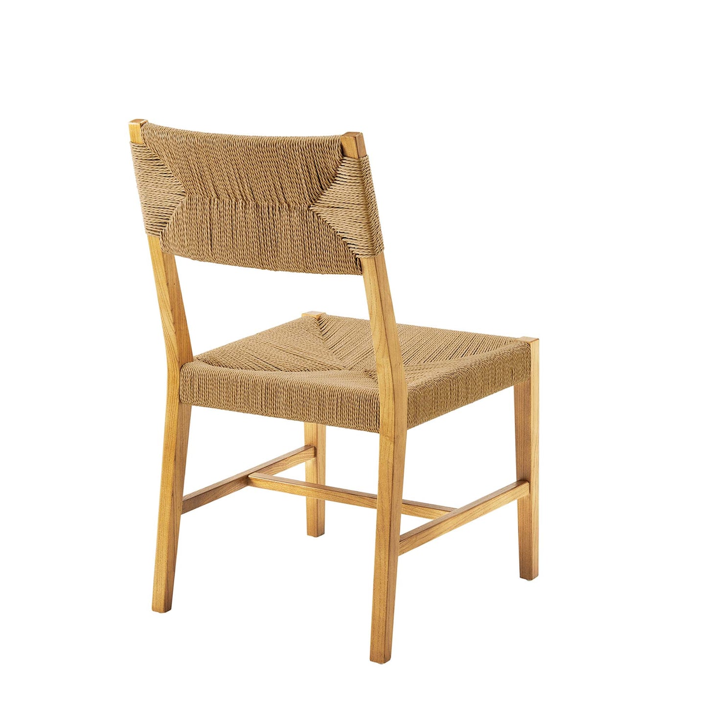Natural wood dining chair with woven rattan seat & backrest; light tan finish, slender tapered legs & crossbars.