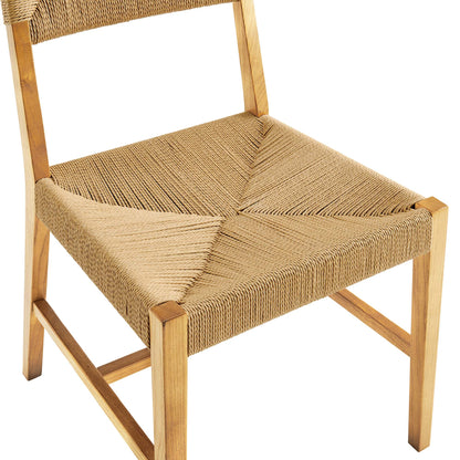 Natural wood dining chair with woven seagrass seat & backrest, rustic modern style.