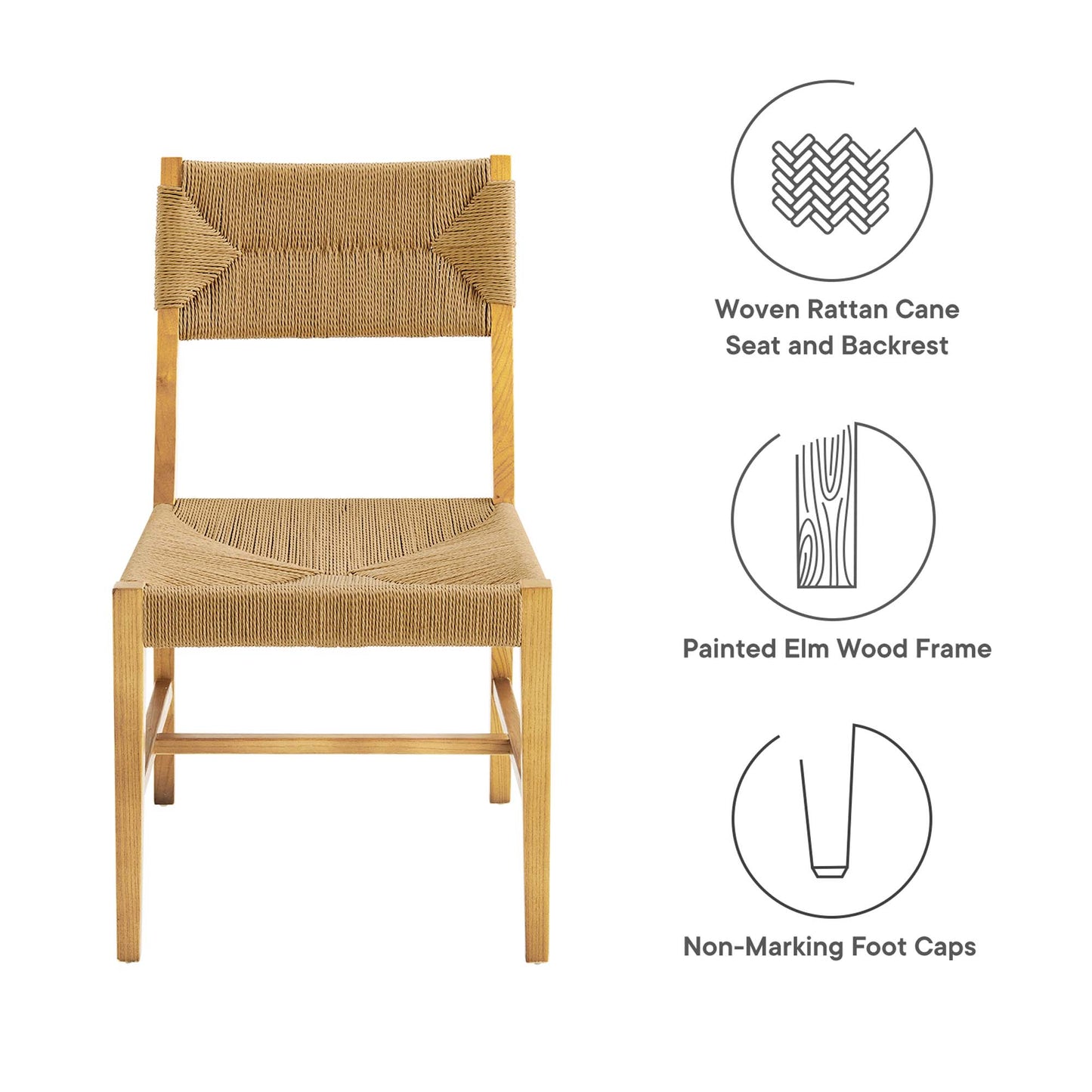 Elm wood frame dining chair with natural cane seat and back; non-marking foot caps.