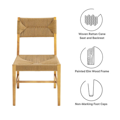 Elm wood frame dining chair with natural cane seat and back; non-marking foot caps.
