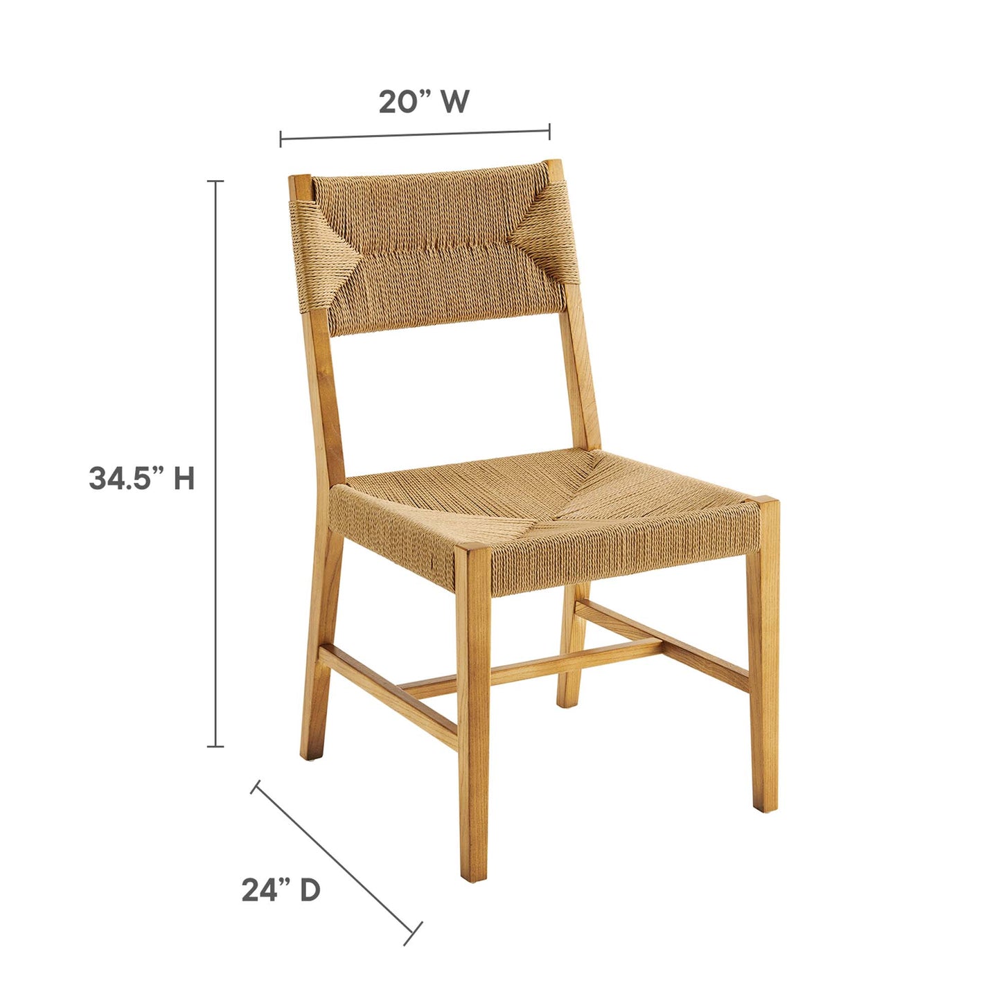 Natural wood dining chair with woven rattan seat and back, 34.5" H x 20" W x 24" D.