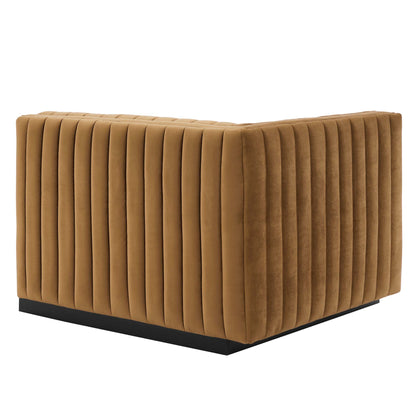 Cognac performance velvet left-arm channel-tufted chair with square silhouette and black low-profile base.