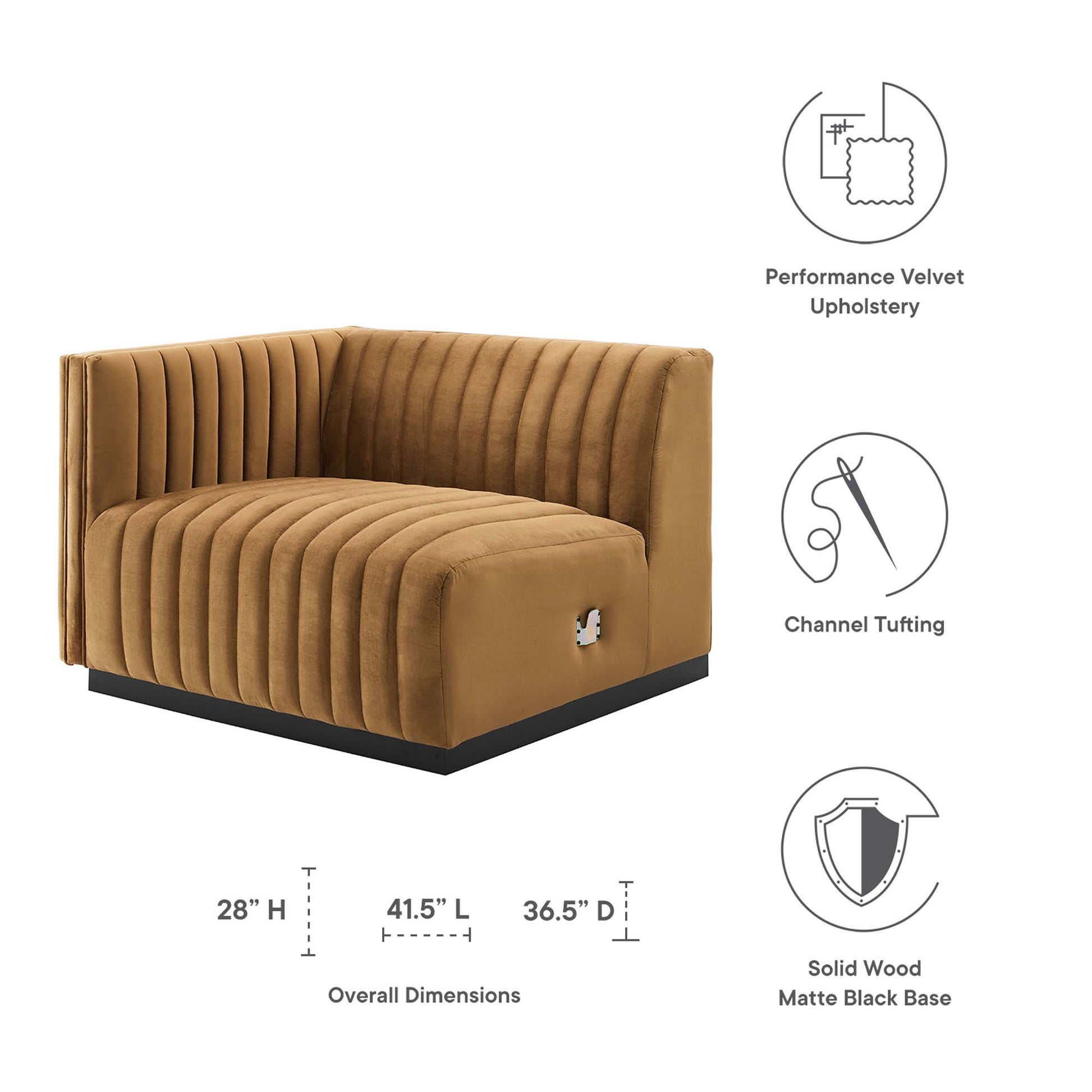 Cognac velvet channel-tufted left-arm chair with solid wood matte black base and performance upholstery.