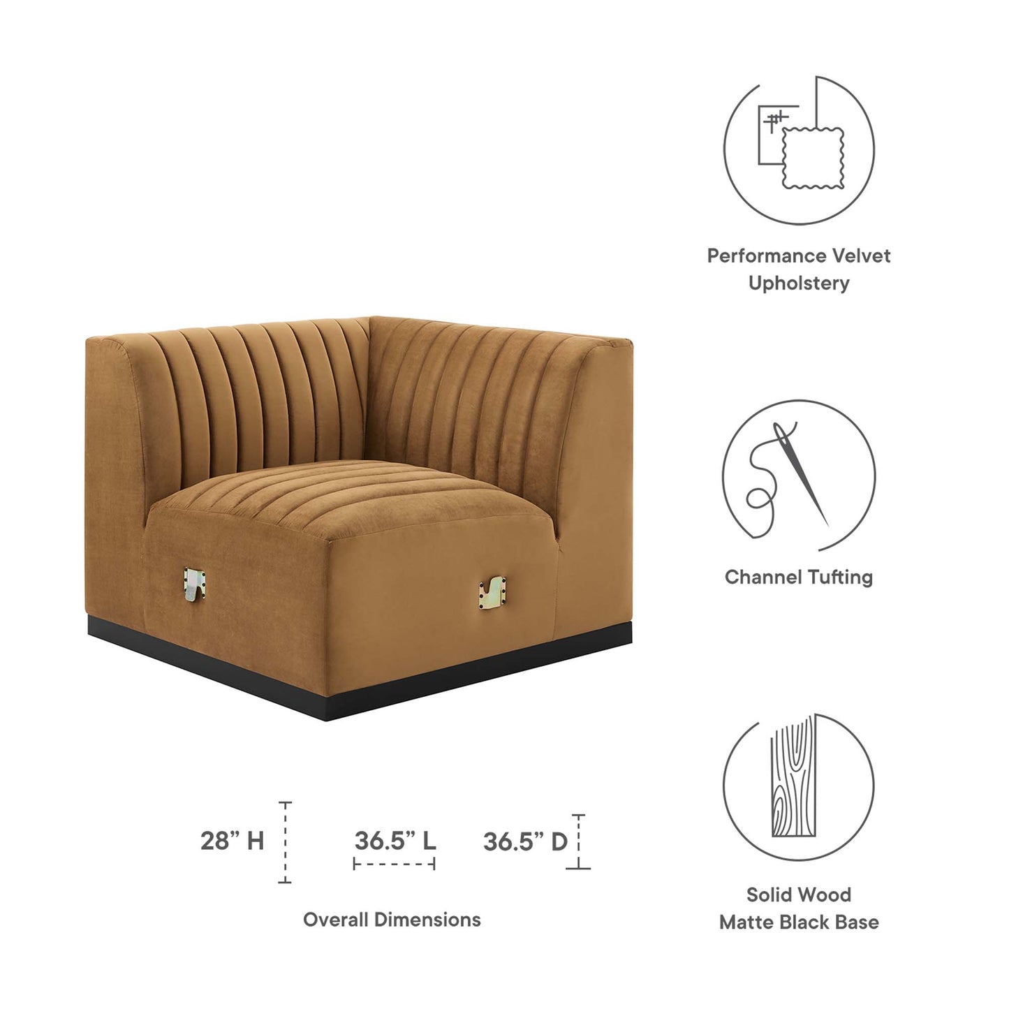 Modway Outlet Conjure Channel Tufted Performance Velvet Left Corner Chair by Modway  Living Room Furniture Black Cognac - EEI-5496-BLK-COG