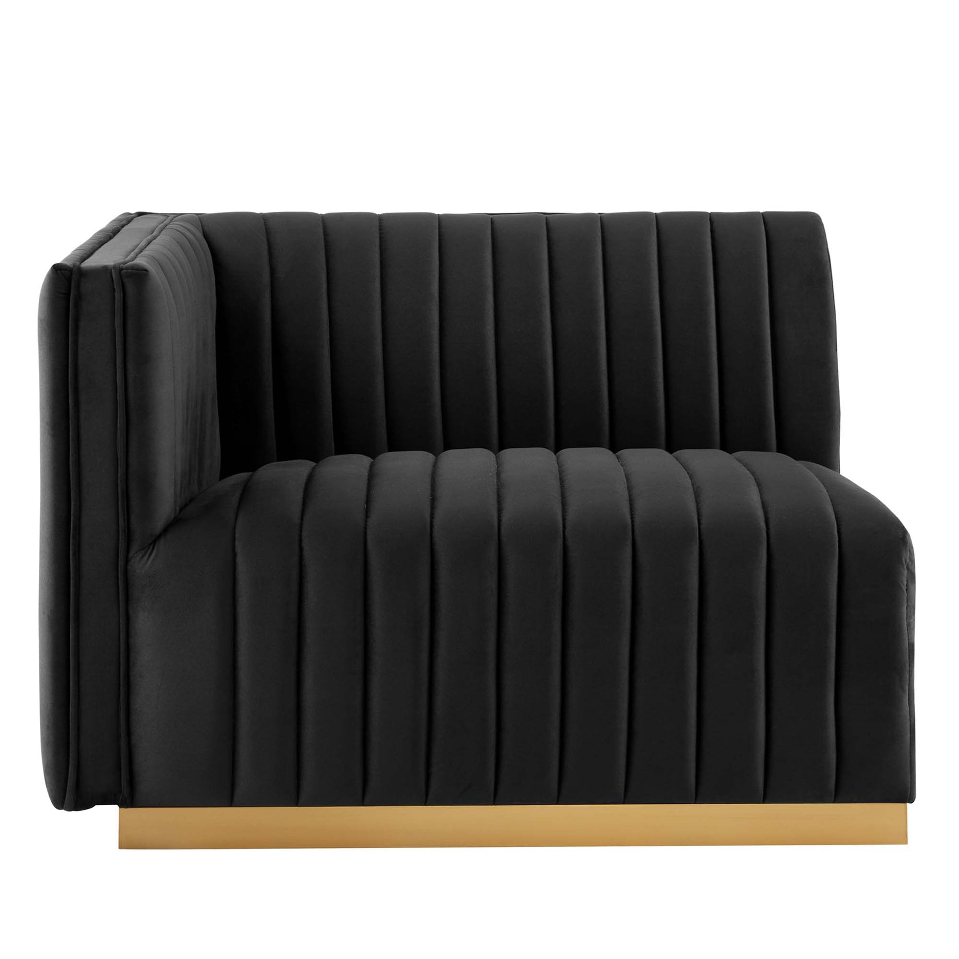 Modern black velvet, channel-tufted left-arm chair with a gold-tone base.