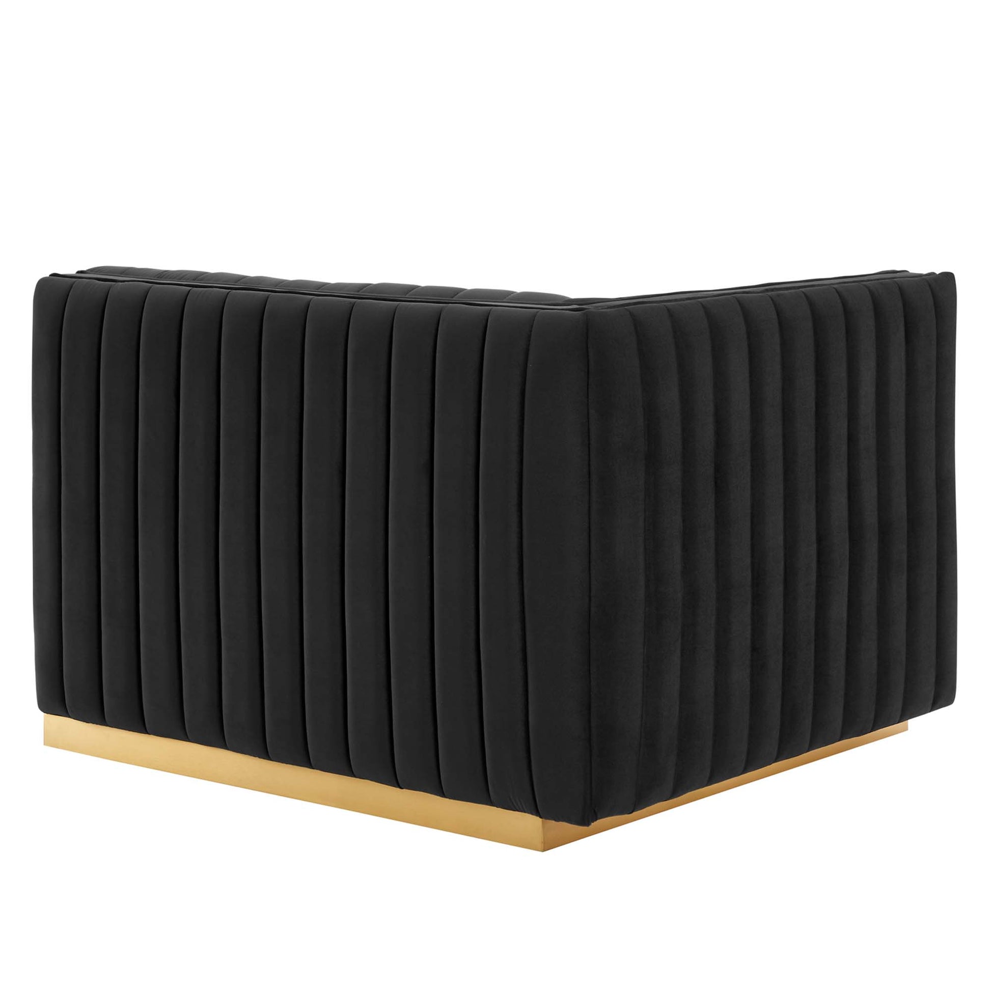 Black performance velvet left-arm channel-tufted chair with a gold metal base.