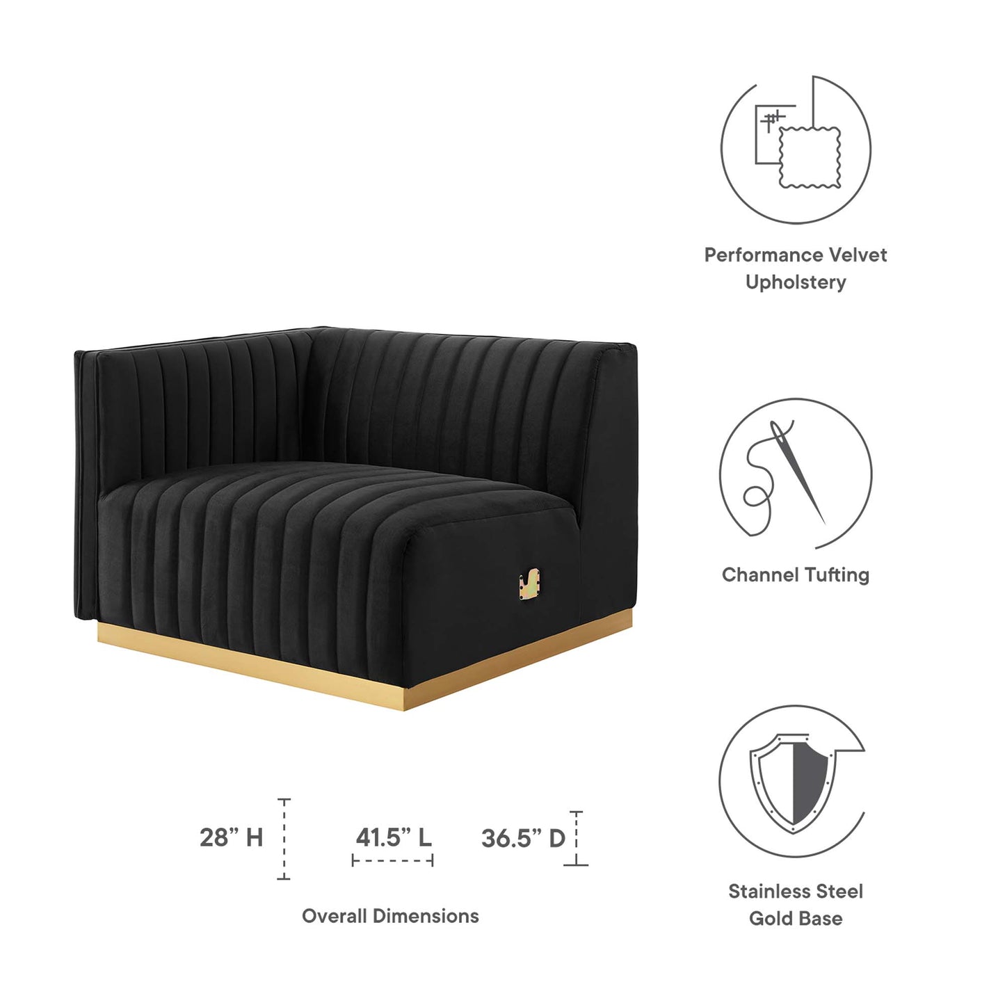 Black performance velvet left-arm chair with vertical channel tufting & gold stainless steel base, 41.5L x 36.5D x 28H.