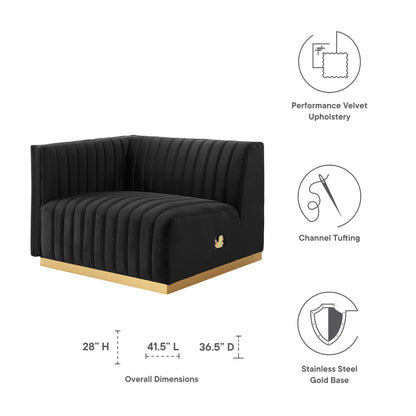 Black performance velvet left-arm chair with vertical channel tufting & gold stainless steel base, 41.5L x 36.5D x 28H.