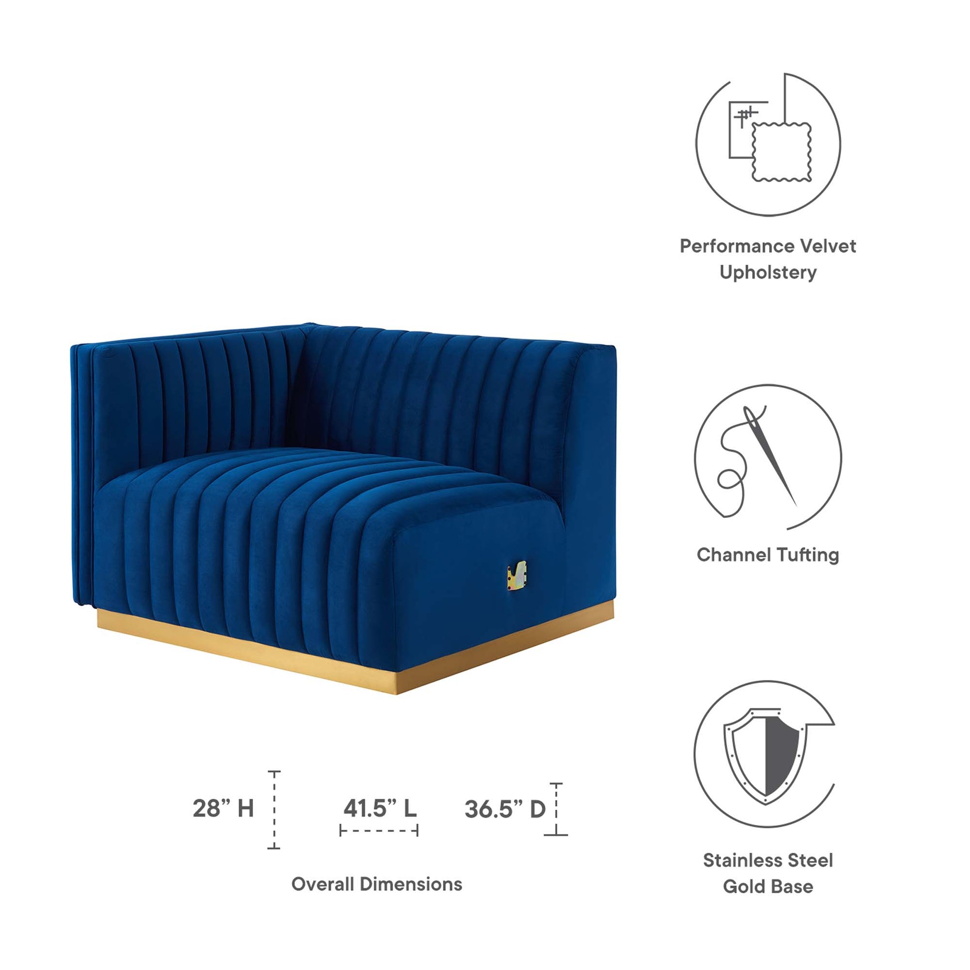 Navy blue performance velvet channel-tufted left-arm chair with a gold stainless-steel base; modern living room centerpiece.