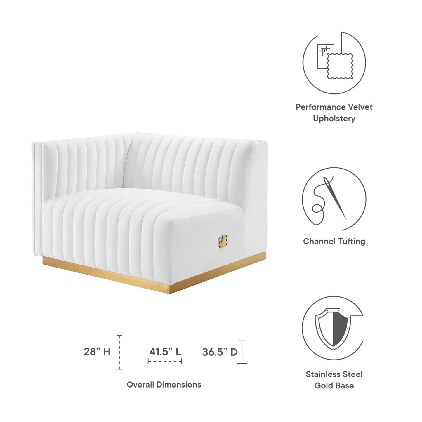 Modway Outlet Conjure Channel Tufted Performance Velvet Left-Arm Chair by Modway  Living Room Furniture Gold - EEI-5502-GLD-WHI