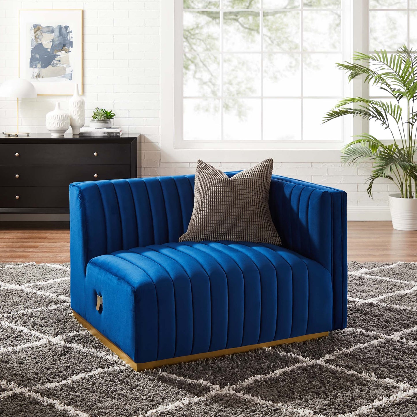 Modway Outlet Conjure Channel Tufted Performance Velvet Right-Arm Chair by Modway  Living Room Furniture Gold Navy - EEI-5503-GLD-NAV
