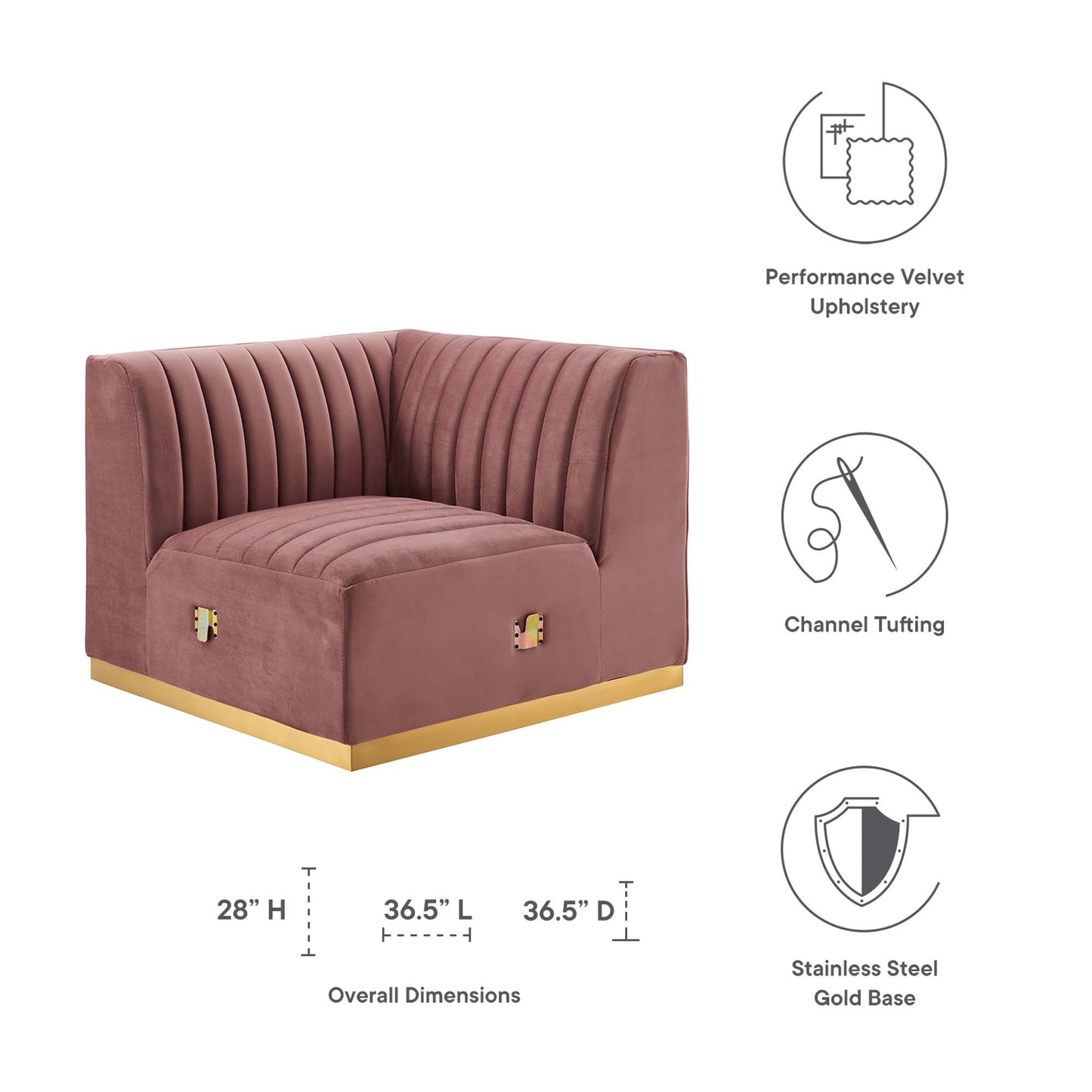 Modway Outlet Conjure Channel Tufted Performance Velvet Left Corner Chair by Modway  Living Room Furniture Gold Dusty Rose - EEI-5505-GLD-DUS
