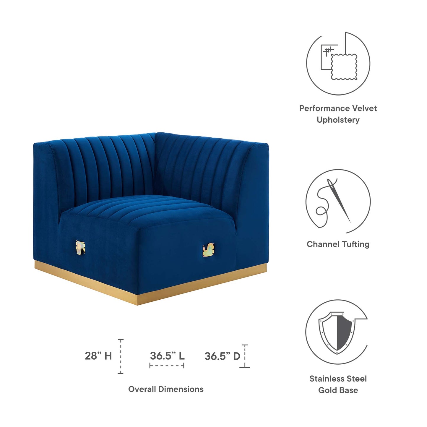 Modway Outlet Conjure Channel Tufted Performance Velvet Left Corner Chair by Modway  Living Room Furniture Gold Navy - EEI-5505-GLD-NAV