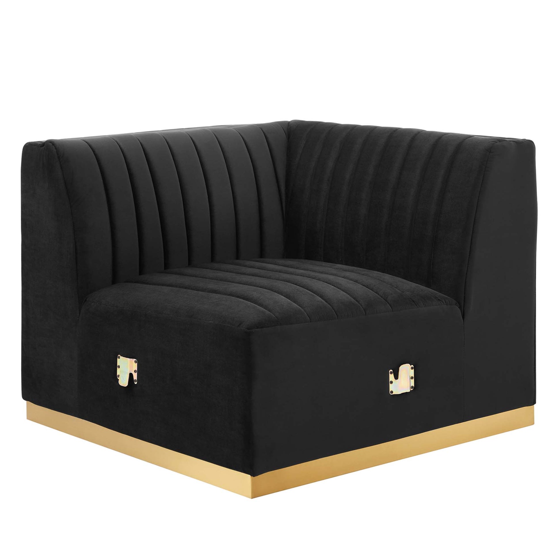 Black velvet right corner chair with vertical channel tufting & gold metal base trim.