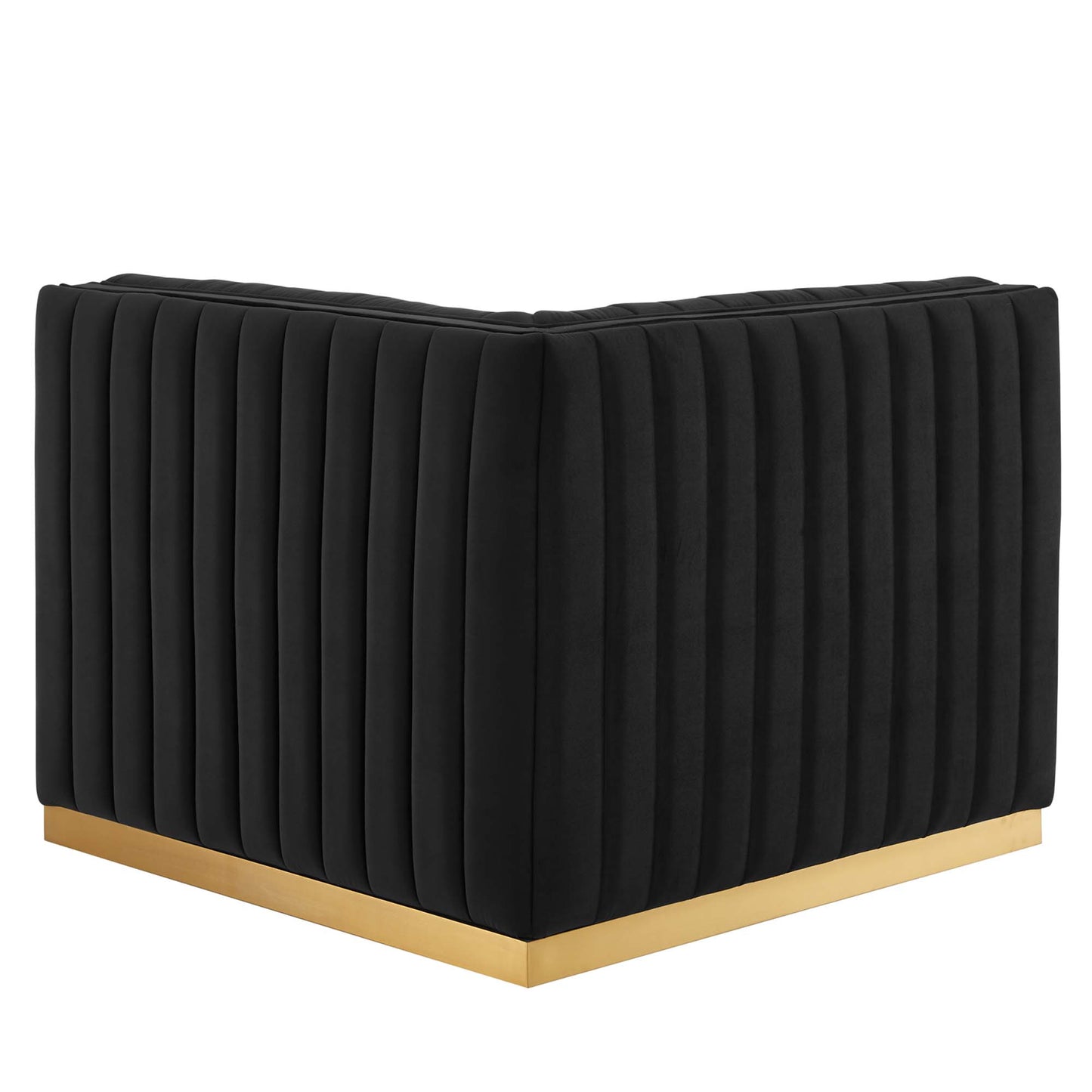 Black performance velvet right corner chair with channel tufting and a gold metal base.