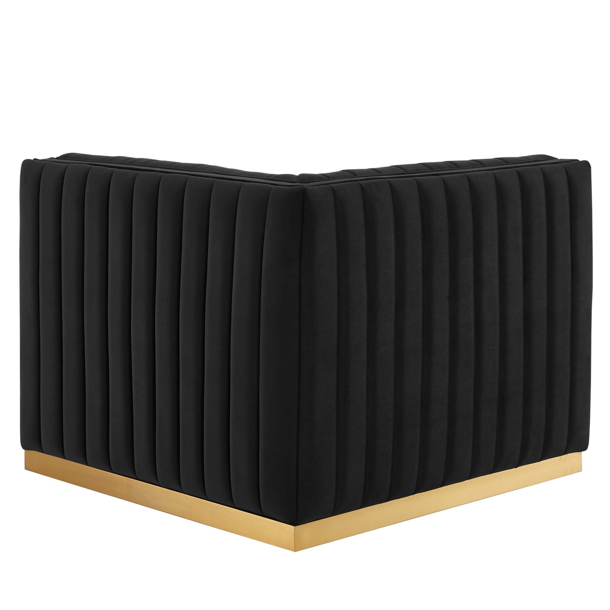 Black performance velvet right corner chair with channel tufting and a gold metal base.