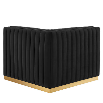 Black performance velvet right corner chair with channel tufting and a gold metal base.