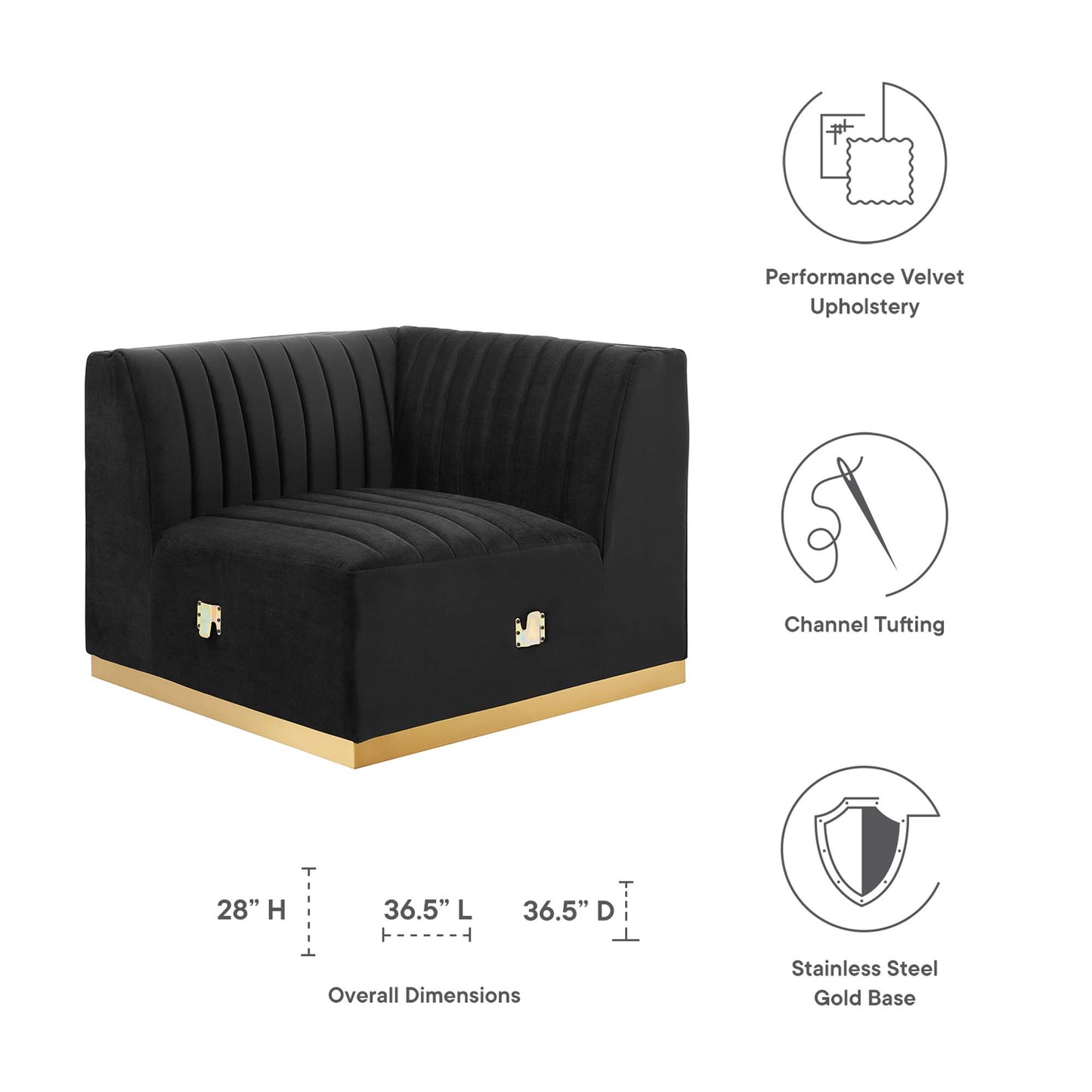 Black performance velvet right corner chair with channel tufting and a gold stainless steel base.