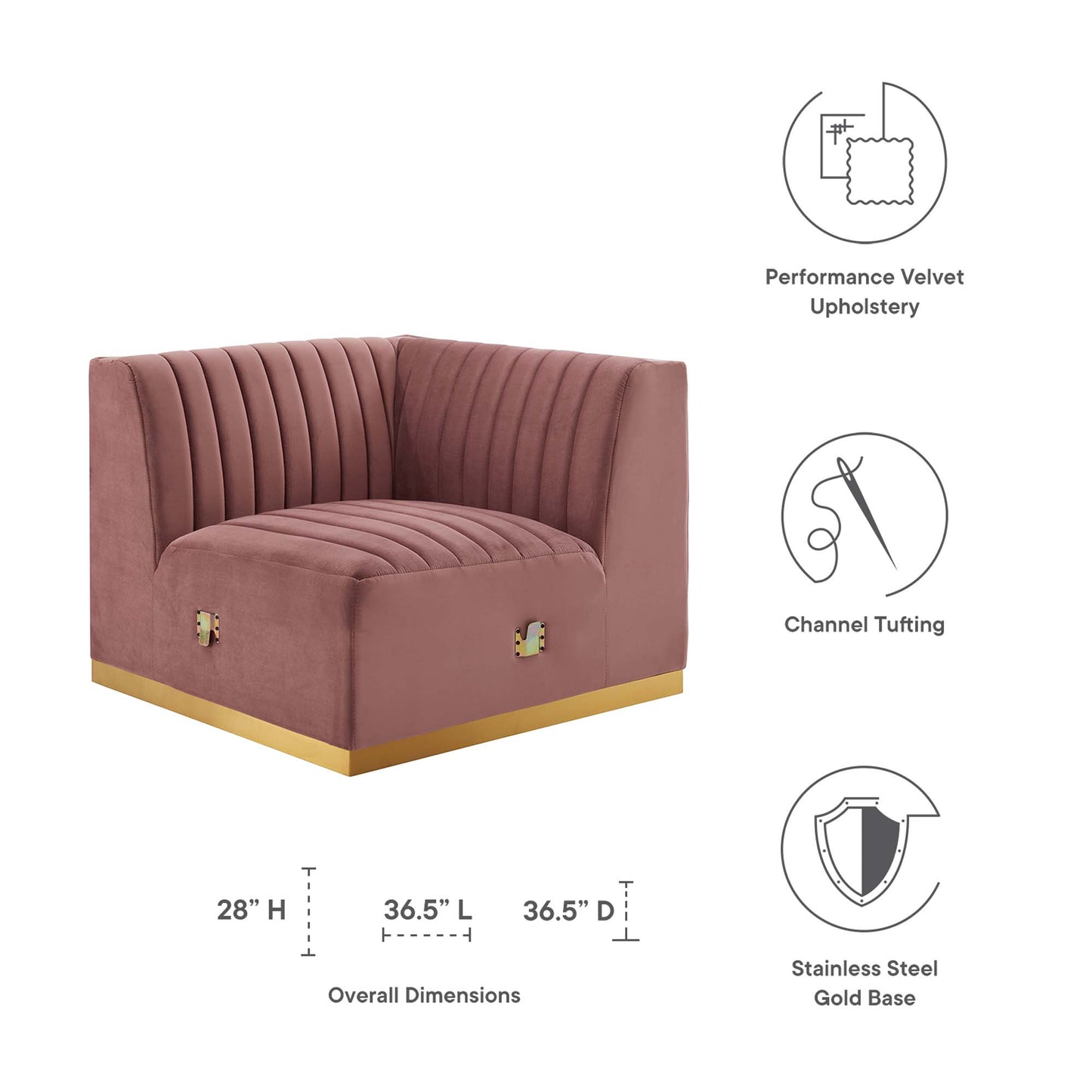 Modway Outlet Conjure Channel Tufted Performance Velvet Right Corner Chair by Modway  Living Room Furniture Gold Dusty Rose - EEI-5506-GLD-DUS