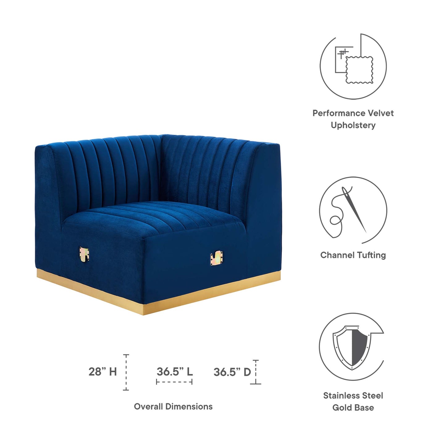 Modway Outlet Conjure Channel Tufted Performance Velvet Right Corner Chair by Modway  Living Room Furniture Gold Navy - EEI-5506-GLD-NAV
