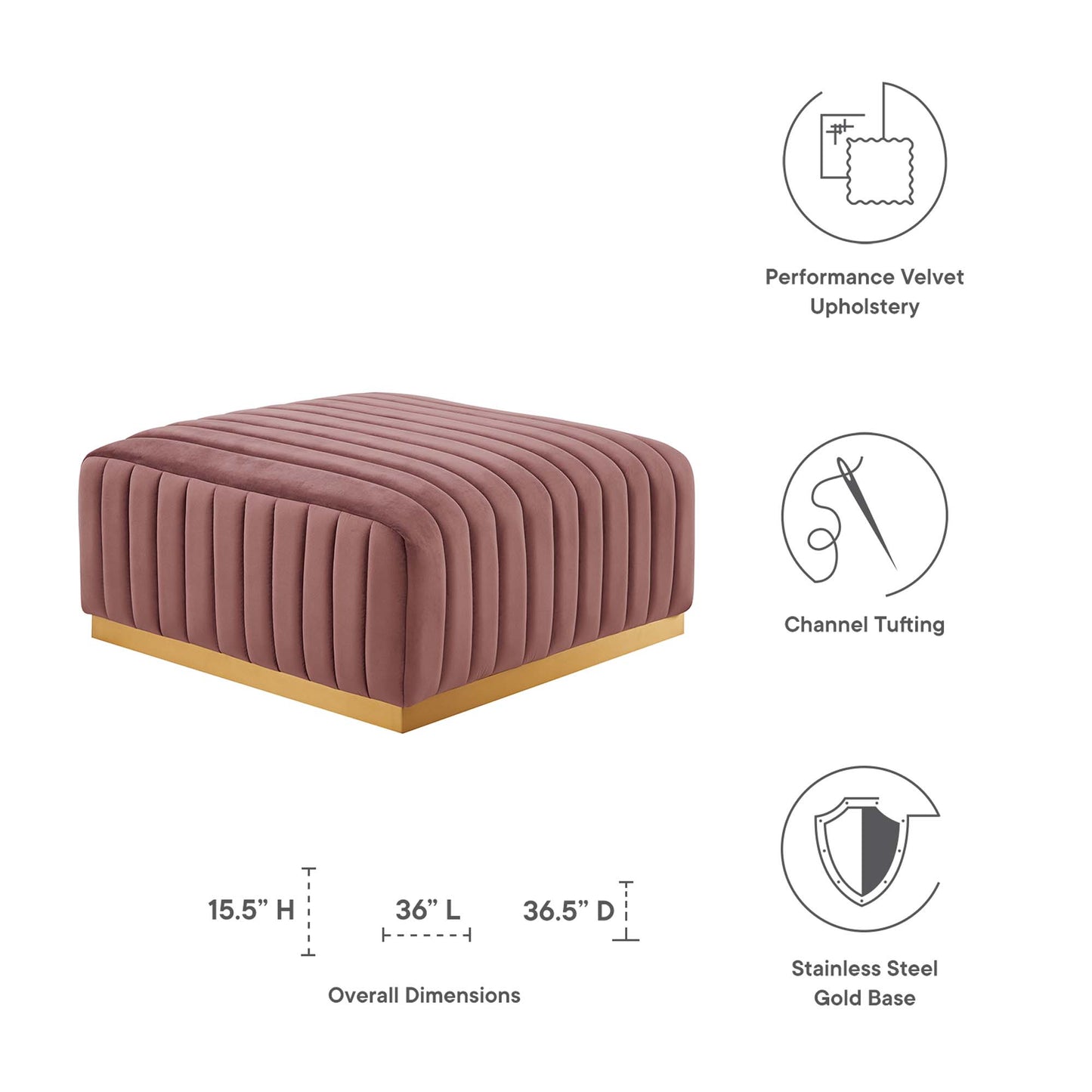 Modway Outlet Conjure Channel Tufted Performance Velvet Ottoman by Modway  Living Room Furniture Gold Dusty Rose - EEI-5507-GLD-DUS