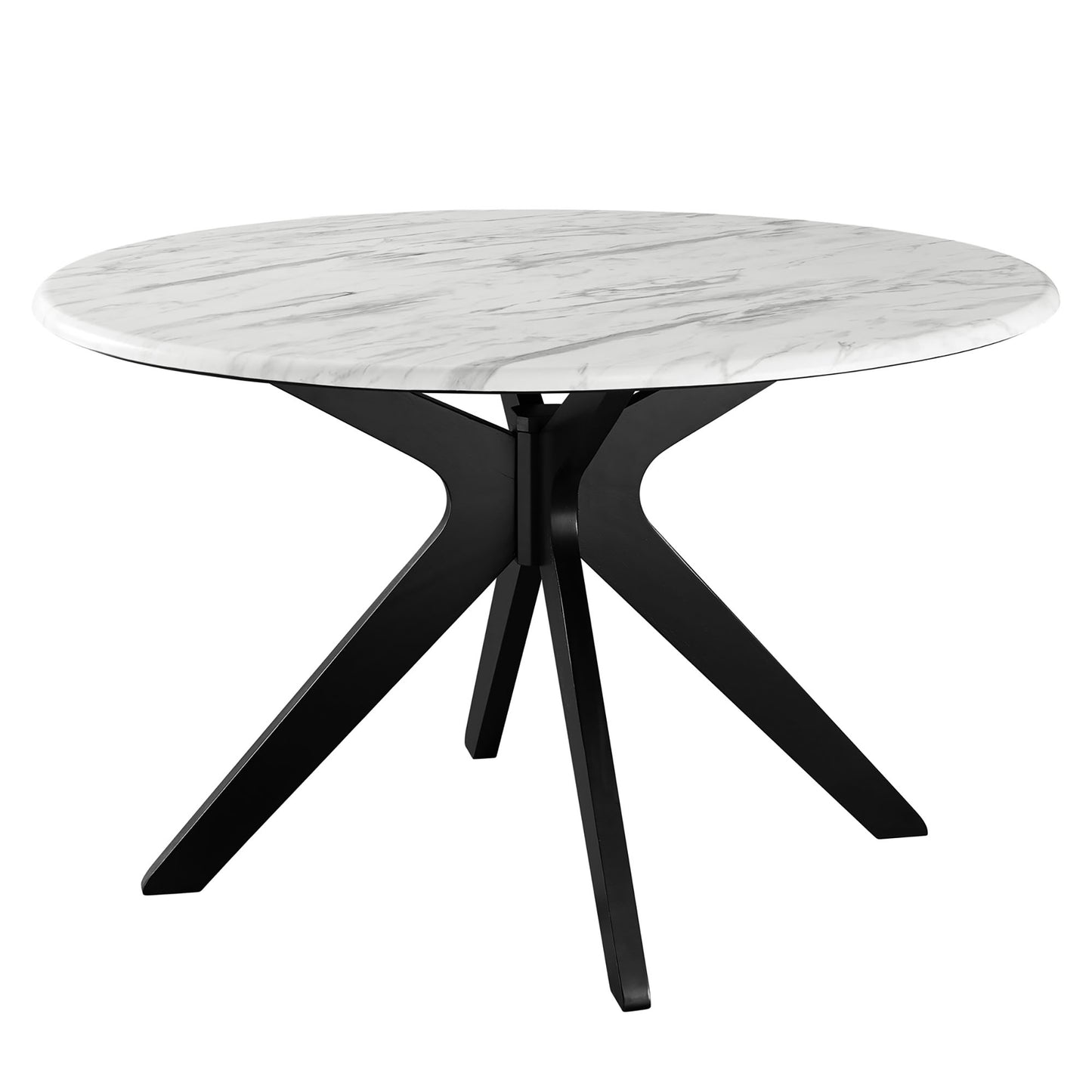 50-inch round artificial marble tabletop with grey veining on a black angular X-base dining table.