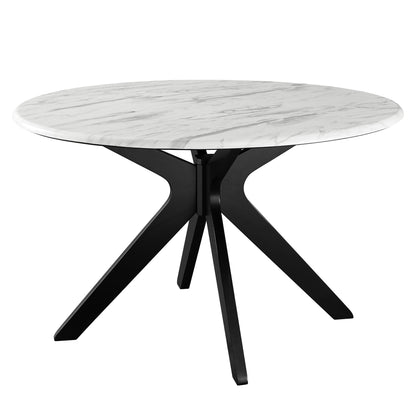 50-inch round artificial marble tabletop with grey veining on a black angular X-base dining table.