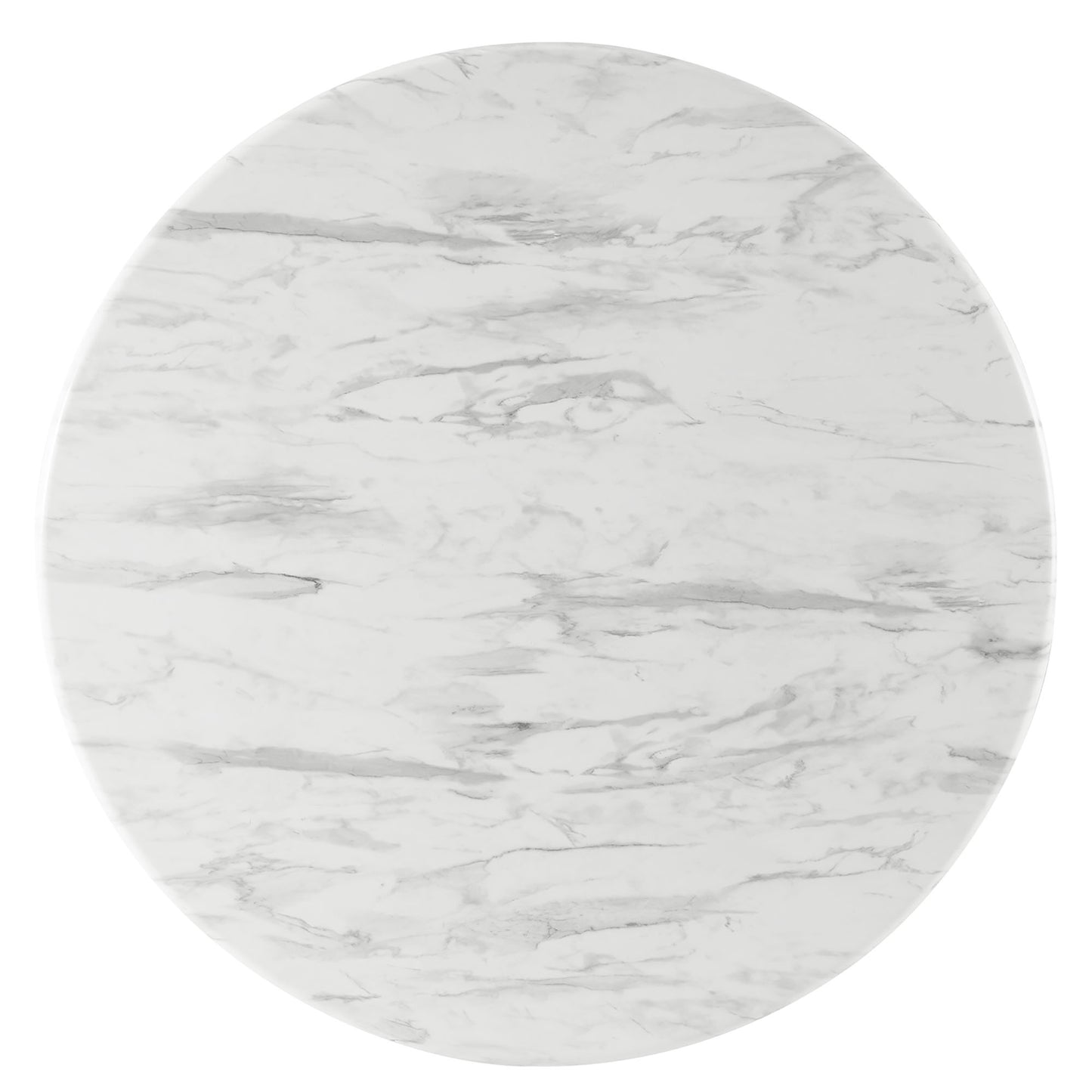 Round 50-inch dining table with an artificial white marble-pattern top and gray veining.