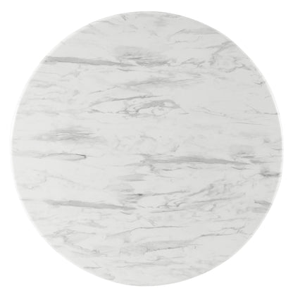 Round 50-inch dining table with an artificial white marble-pattern top and gray veining.