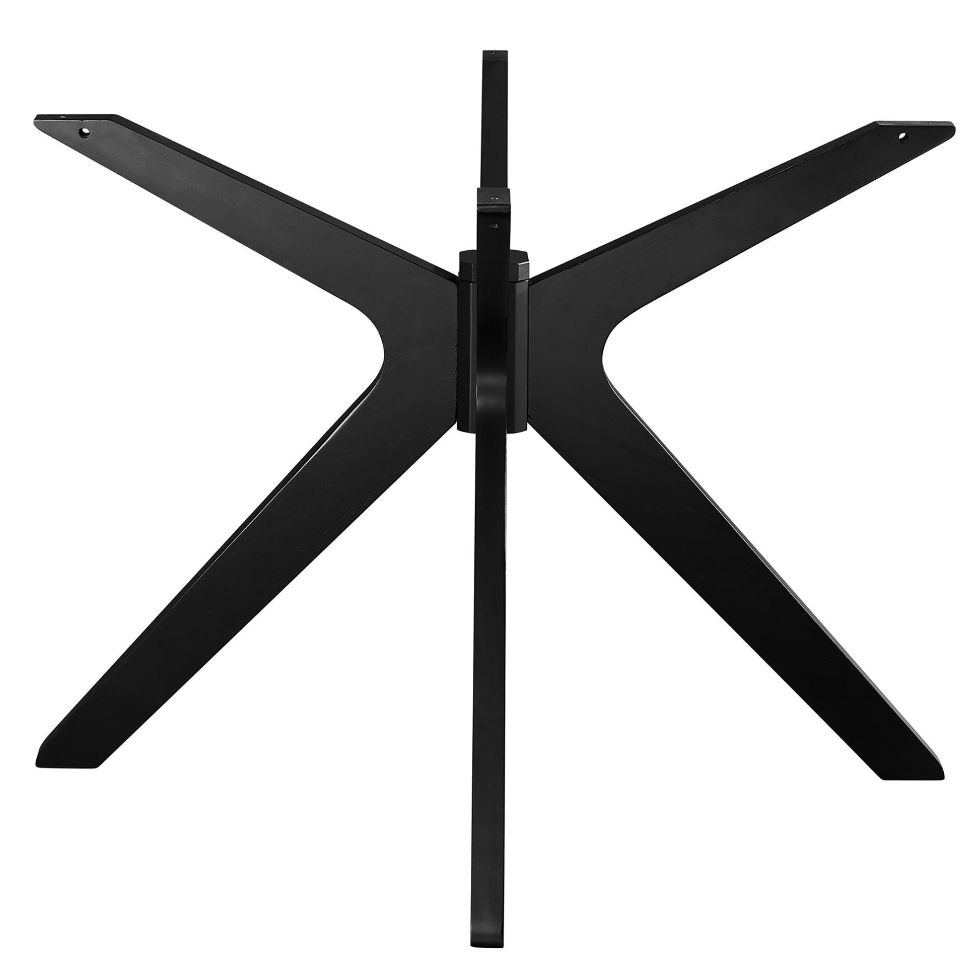 Black metal X-shaped pedestal base with central column supporting a 50-inch round artificial marble dining tabletop.