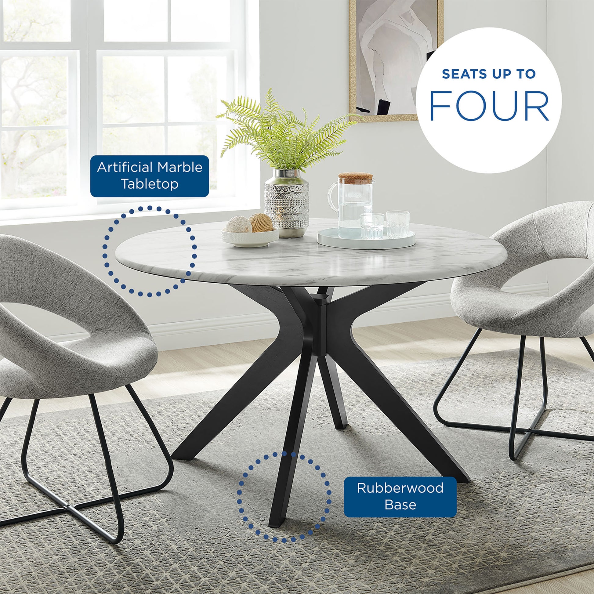 Round artificial marble-top table with black rubberwood base; gray upholstered chairs; seats up to four.