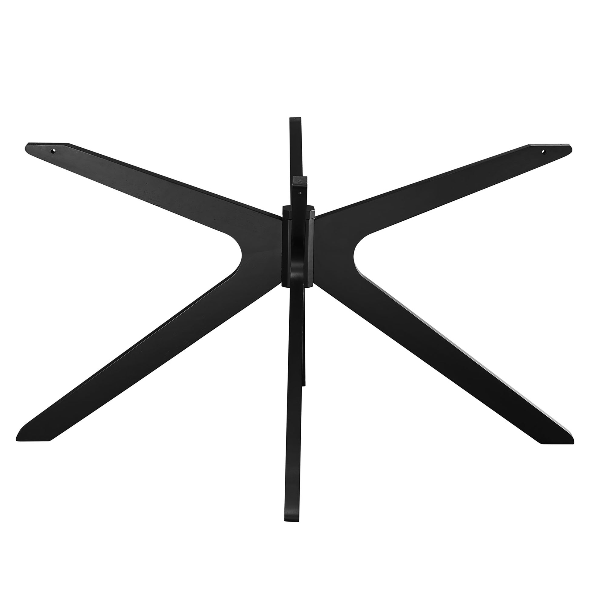 Black metal X-shaped table base with central hub and vertical mounting stem, industrial modern style.