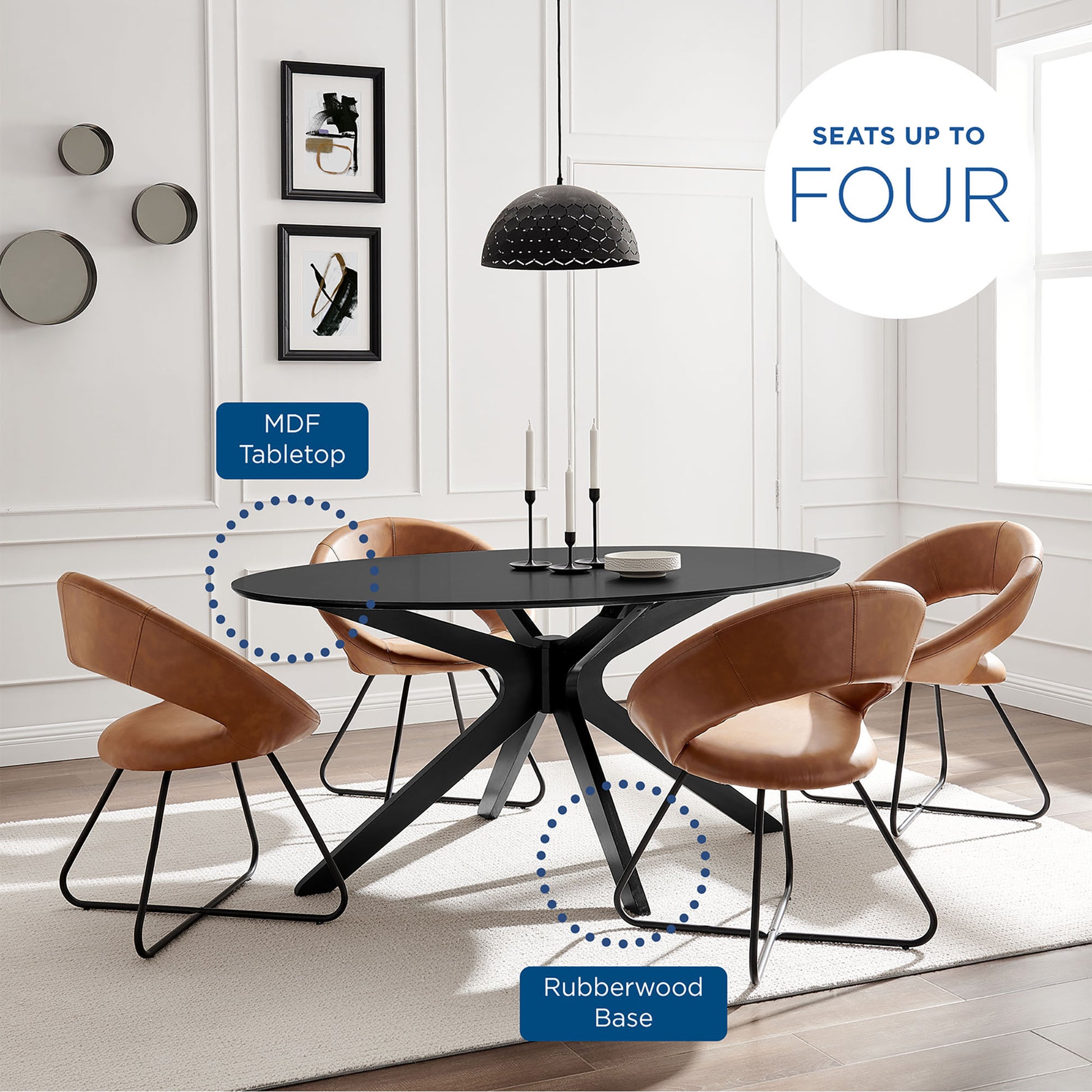 63" oval black MDF dining table with a sculptural rubberwood base, paired with four brown leather chairs in a modern dining set.