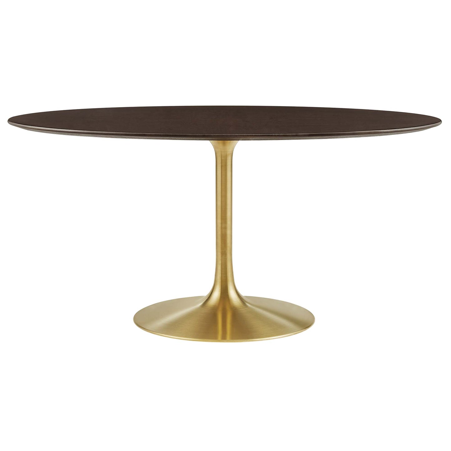 60-inch oval dark wood dining table with a gold tulip pedestal base.