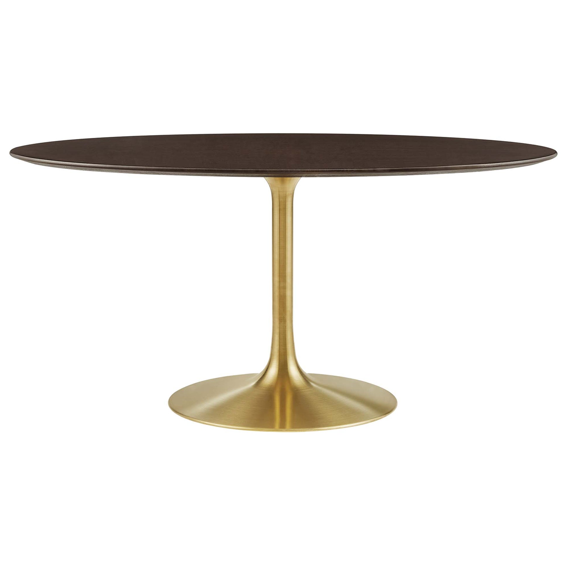 60-inch oval dark wood dining table with a gold tulip pedestal base.