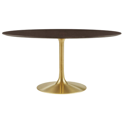 60-inch oval dark wood dining table with a gold tulip pedestal base.