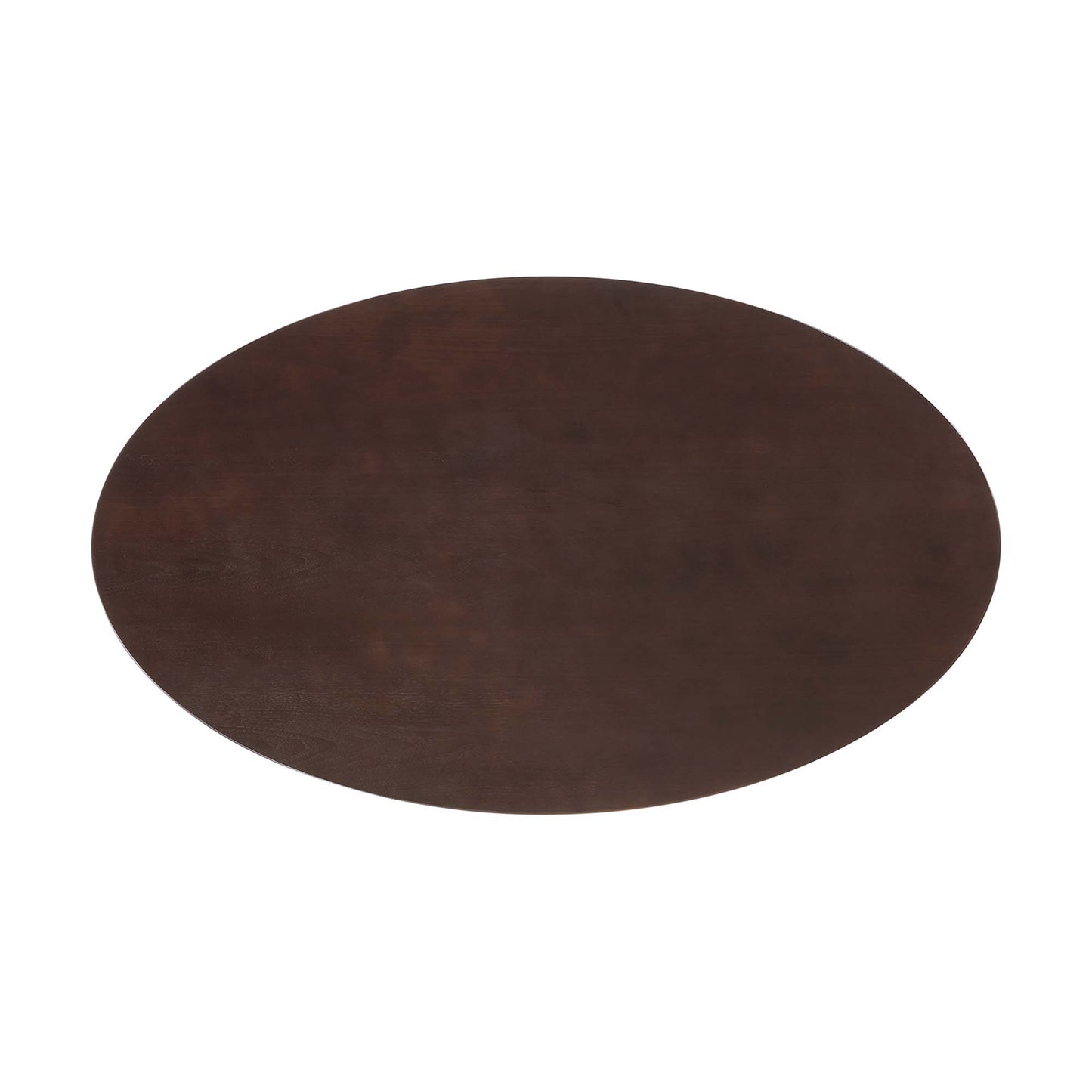 Dark brown oval wooden dining table with smooth grain.
