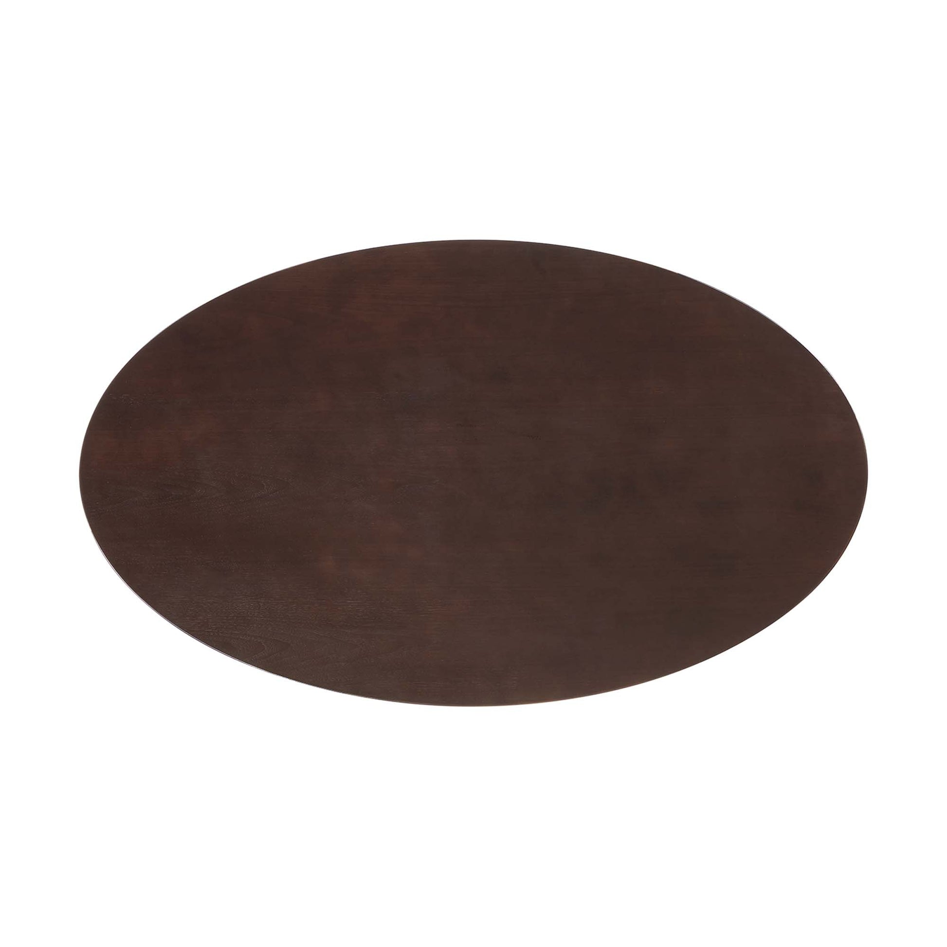 Dark brown oval wooden dining table with smooth grain.