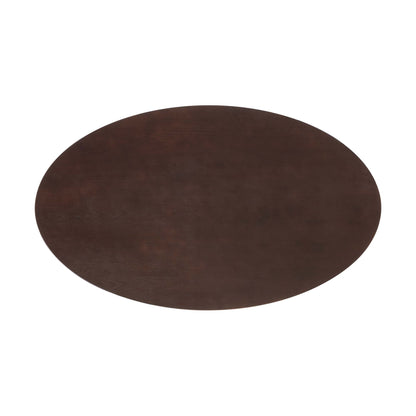 Dark brown oval wooden dining table with smooth grain.