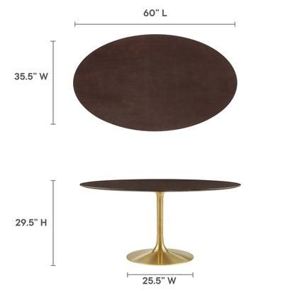 Brown oval wood dining table on a pedestal base; contemporary style, 60" long.