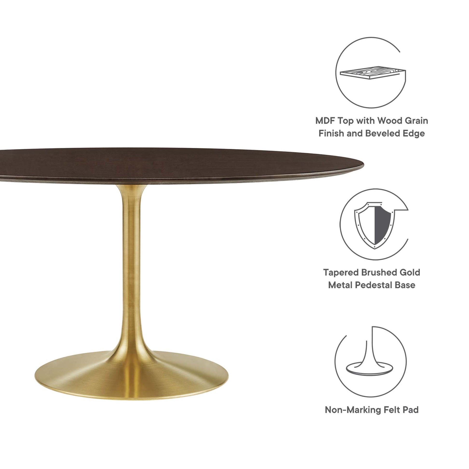 Oval dark wood MDF top with beveled edge on a tapered brushed gold metal pedestal base; non-marking felt pad.