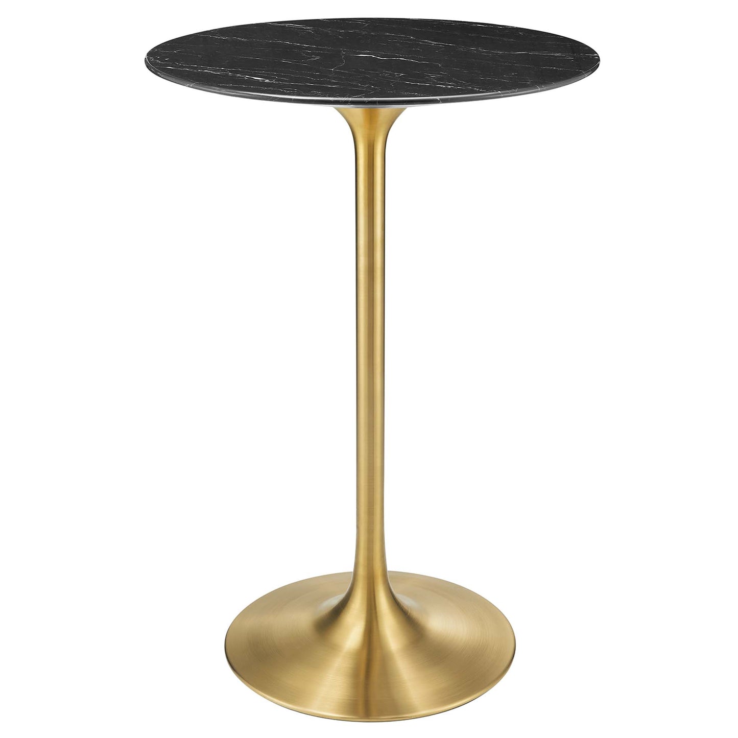 Round black faux marble top on a slender gold pedestal & circular base; modern bar table.